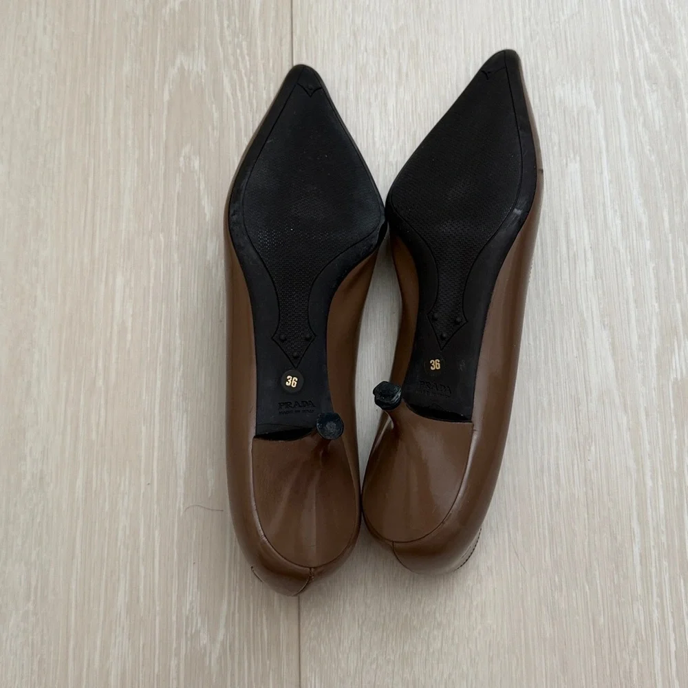 Prada Chocolate Brown Closed Pointed Toe Kitten Heels - Picture 8 of 13